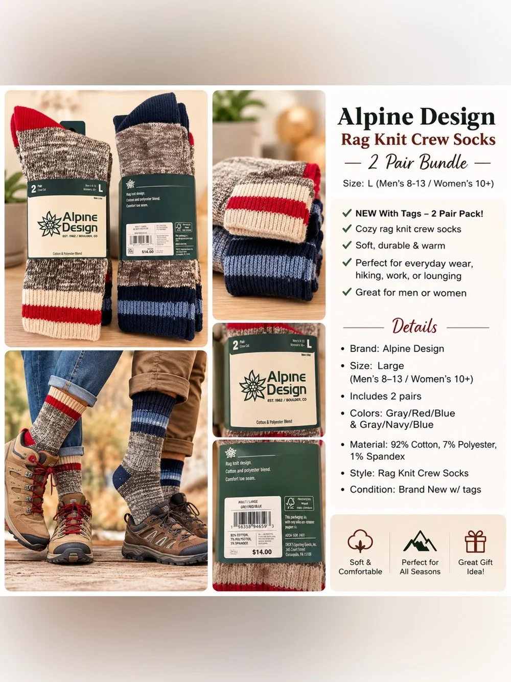 Alpine Design Rag Knit Crew Socks 2 Pair Bundle